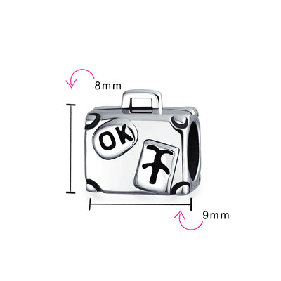 Set of 2 Vacation Travel Suitcase Luggage & Egyptian Pyramid Charm Bead Silver