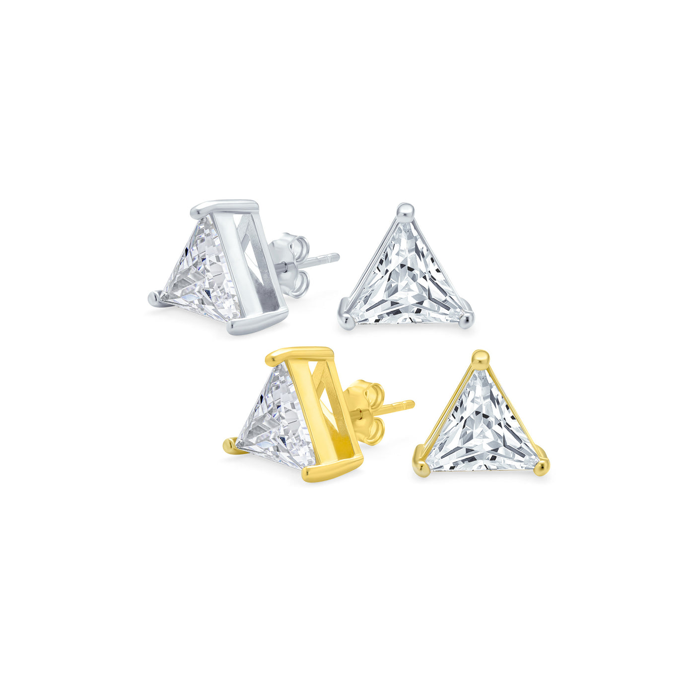 Set of 2 Triangle Clear Cubic Zirconia Stud Earrings Gold Plated Sterling Silver