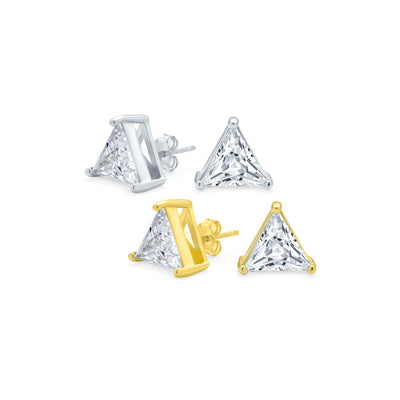 Set of 2 Triangle Clear Cubic Zirconia Stud Earrings Gold Plated Sterling Silver