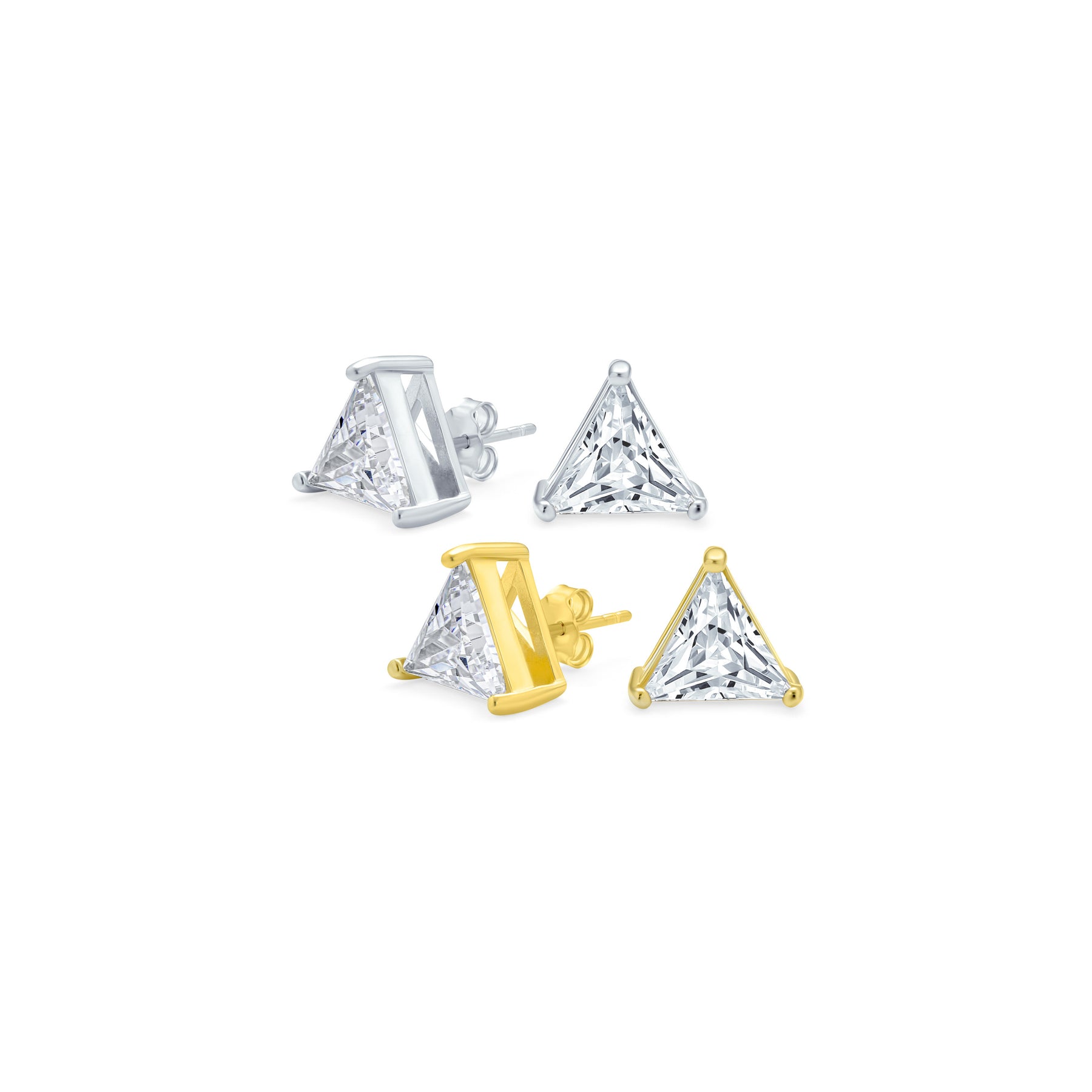 Set of 2 Triangle Clear Cubic Zirconia Stud Earrings Gold Plated Silver 10MM