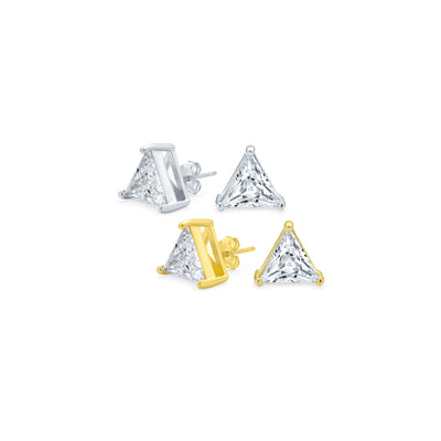 Set of 2 Triangle Clear Cubic Zirconia Stud Earrings Gold Plated Sterling Silver