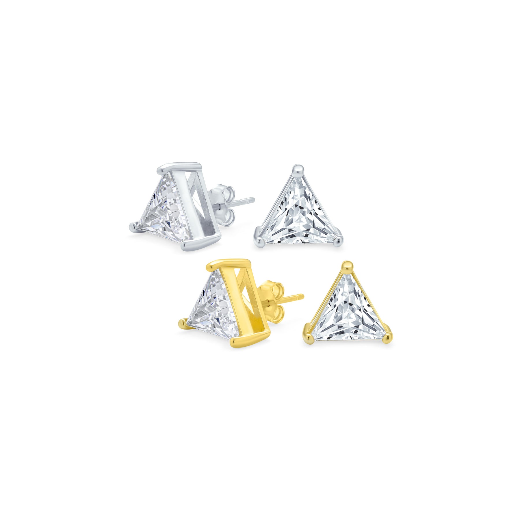 Set of 2 Triangle Clear Cubic Zirconia Stud Earrings Gold Plated Silver 10MM