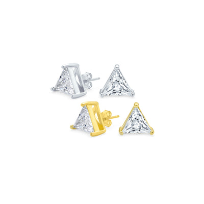 Set of 2 Triangle Clear Cubic Zirconia Stud Earrings Gold Plated Sterling Silver