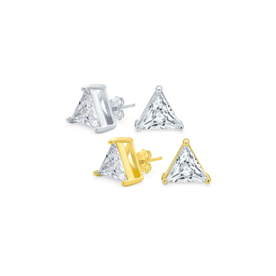Set of 2 Triangle Clear Cubic Zirconia Stud Earrings Gold Plated Sterling Silver