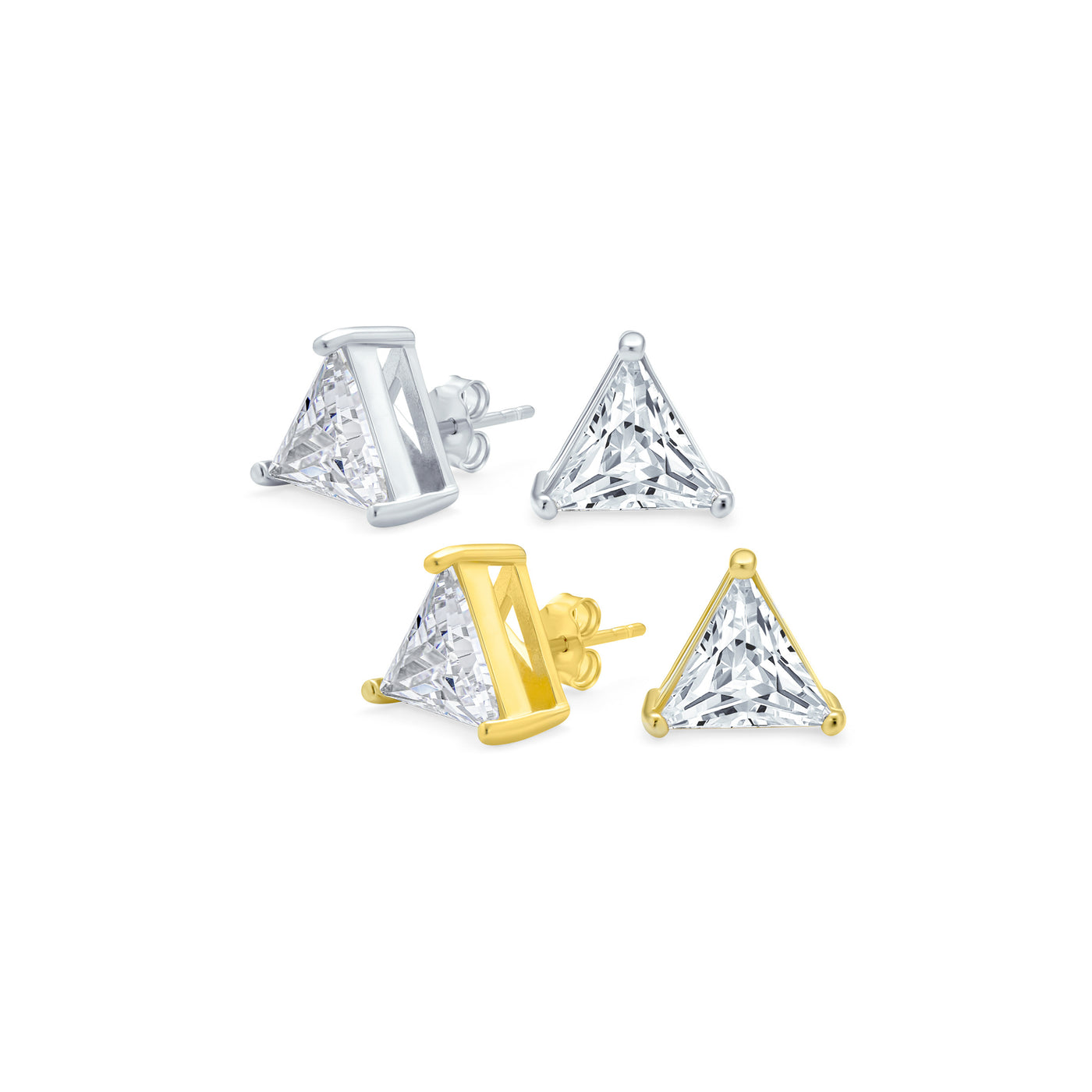 Set of 2 Triangle Clear Cubic Zirconia Stud Earrings Gold Plated Sterling Silver