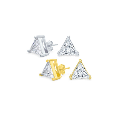 Set of 2 Triangle Clear Cubic Zirconia Stud Earrings Gold Plated Sterling Silver
