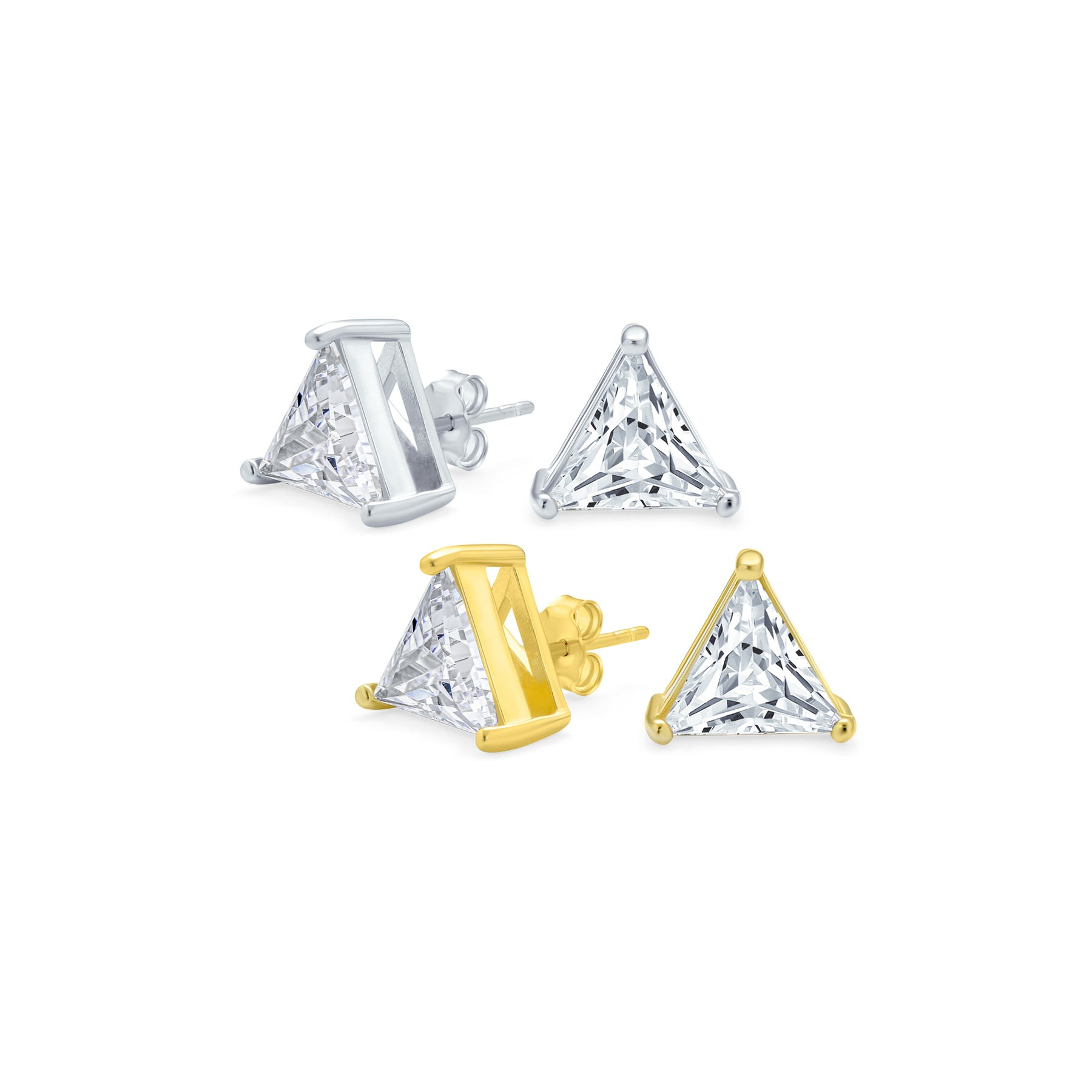 Set of 2 Triangle Clear Cubic Zirconia Stud Earrings Gold Plated Silver 10MM