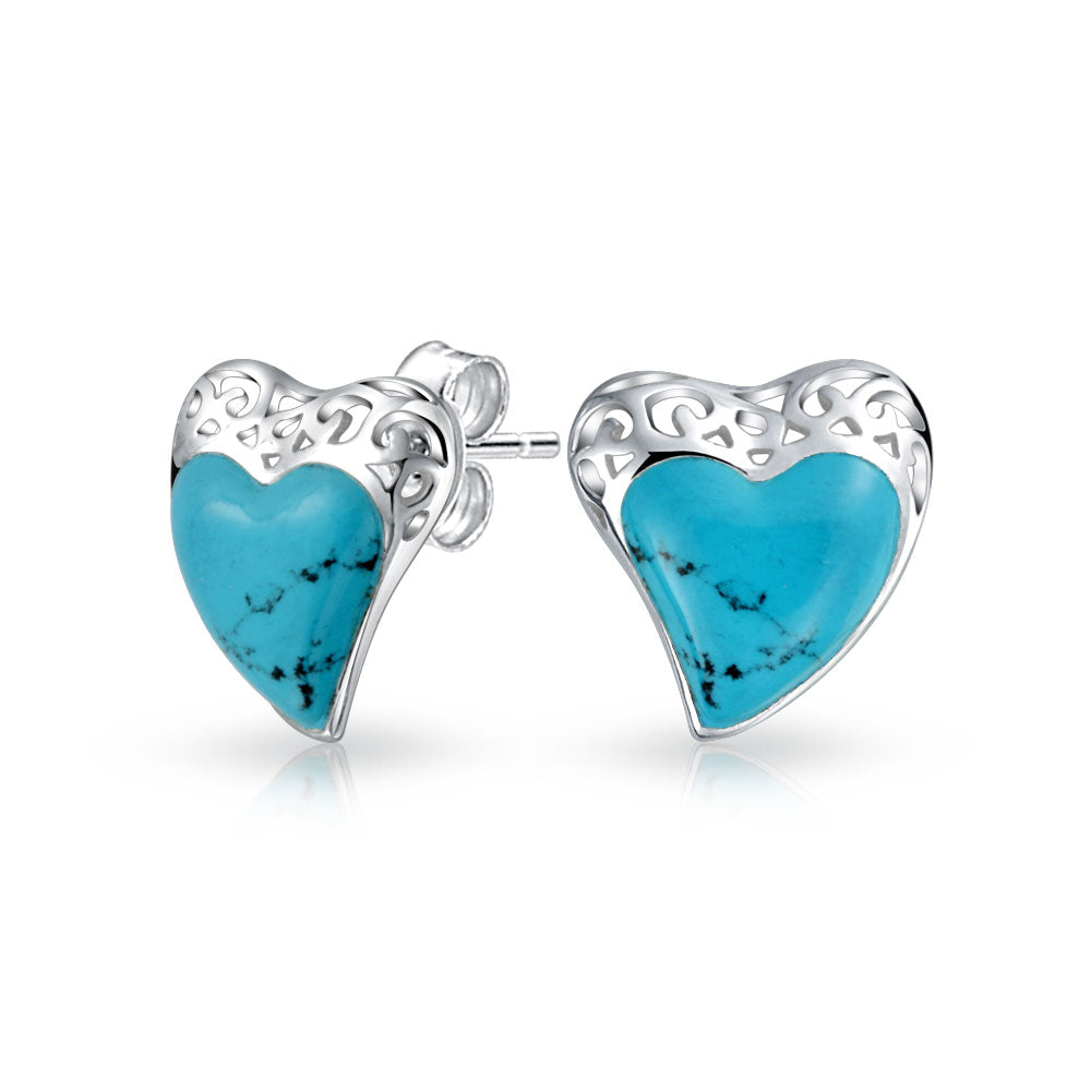 Filigree Enhanced Turquoise Heart Stud Earrings Sterling Silver – Bling ...