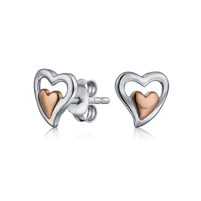 Set of 2 Double Open Heart Shaped Puffed Stud Earrings Rose Gold Plated Silver