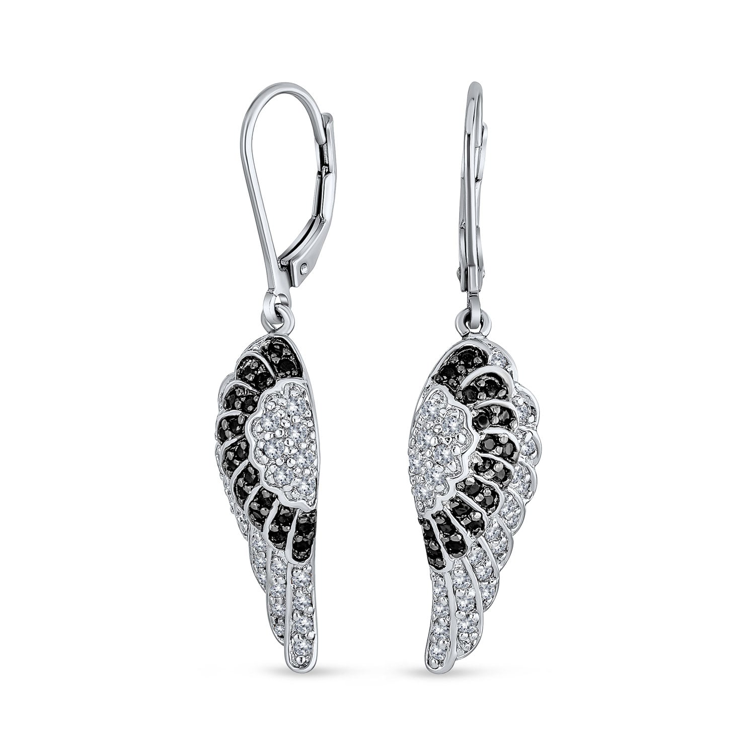 Spiritual Guardian Angel Wing Drop Earrings Feather Black White CZ Lever Back Rhodium Plated