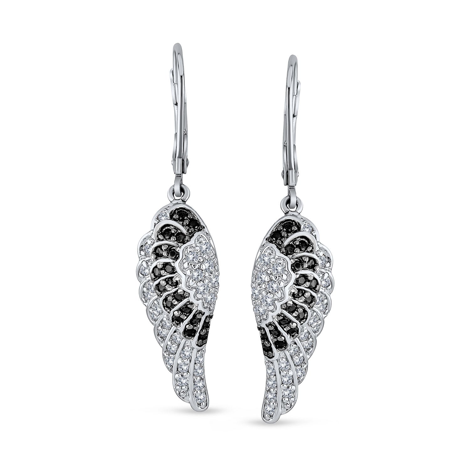 Spiritual Guardian Angel Wing Drop Earrings Feather Black White CZ Lever Back Rhodium Plated