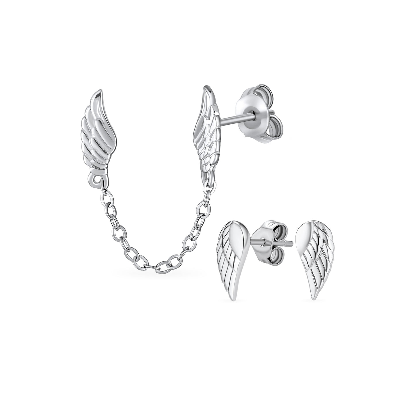 Set of 2 Angel Wing Feather Stud Earrings Chain Sterling Silver Double Piercing