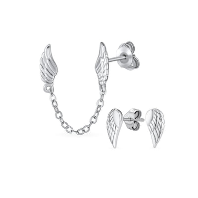 Set of 2 Angel Wing Feather Stud Earrings Chain Sterling Silver Double Piercing