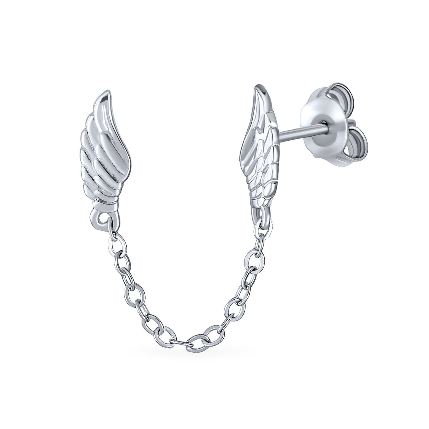 Set of 2 Angel Wing Feather Stud Earrings Chain Sterling Silver Double Piercing