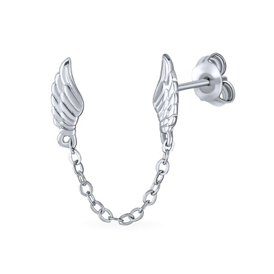 Set of 2 Angel Wing Feather Stud Earrings Chain Sterling Silver Double Piercing