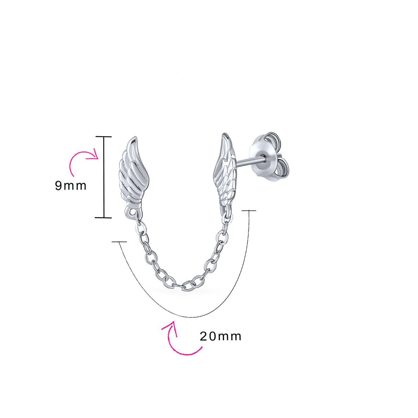 Set of 2 Angel Wing Feather Stud Earrings Chain Sterling Silver Double Piercing