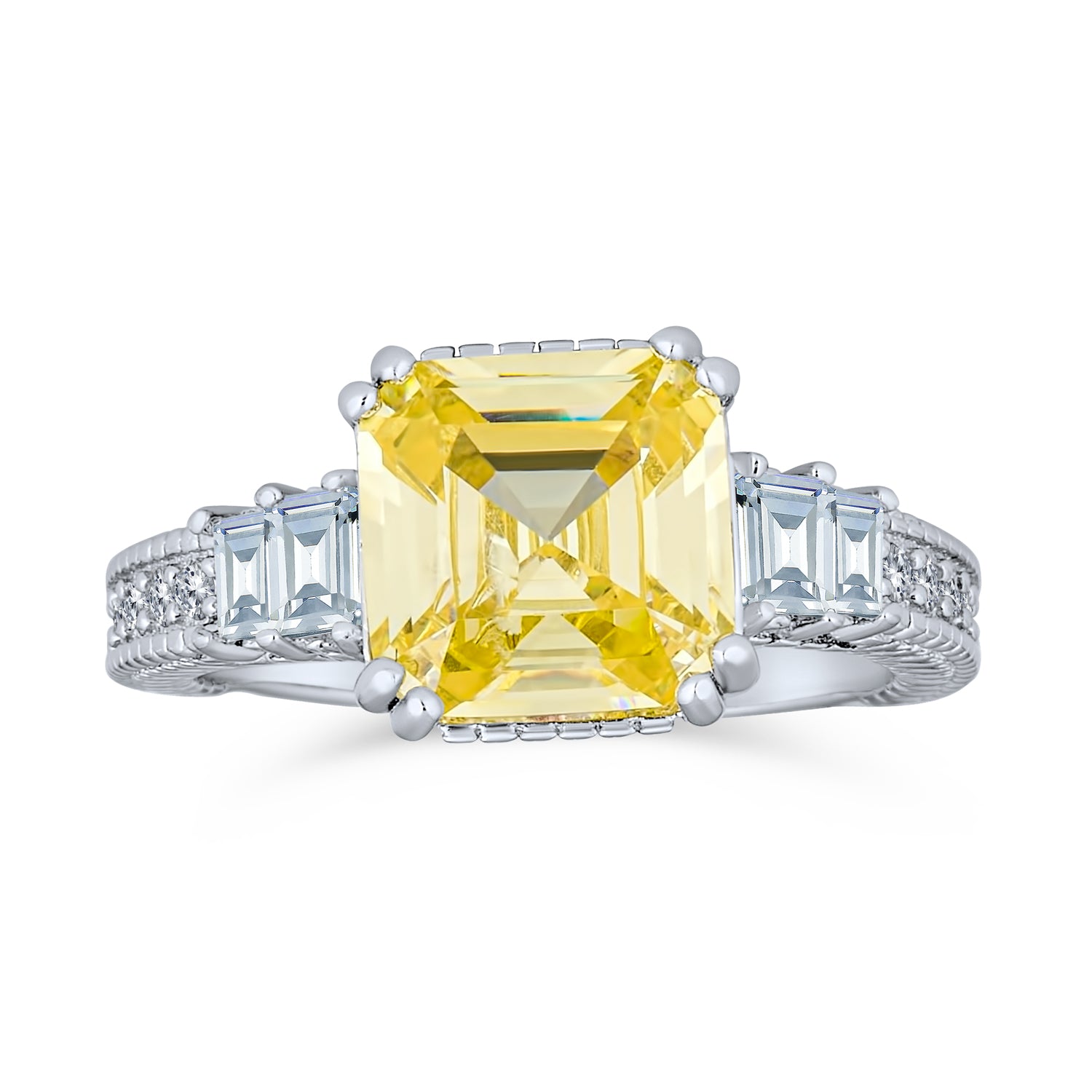 Art Deco Style 2CT Yellow Cubic Zirconia Asscher Cut Engagement Ring CZ Baguettes Sterling Silver