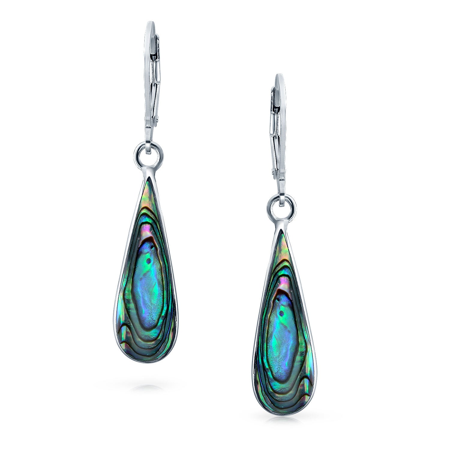 Iridescent Rainbow Abalone Shell Long Teardrop Dangle Earrings .925 Sterling Silver Lever Back