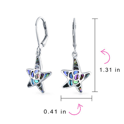 Starfish Abalone Shell Inlaid Drop Lever back Earrings Sterling Silver