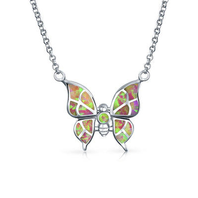 Butterfly Pink Created Opal Pendant 925 Sterling Silver Necklace