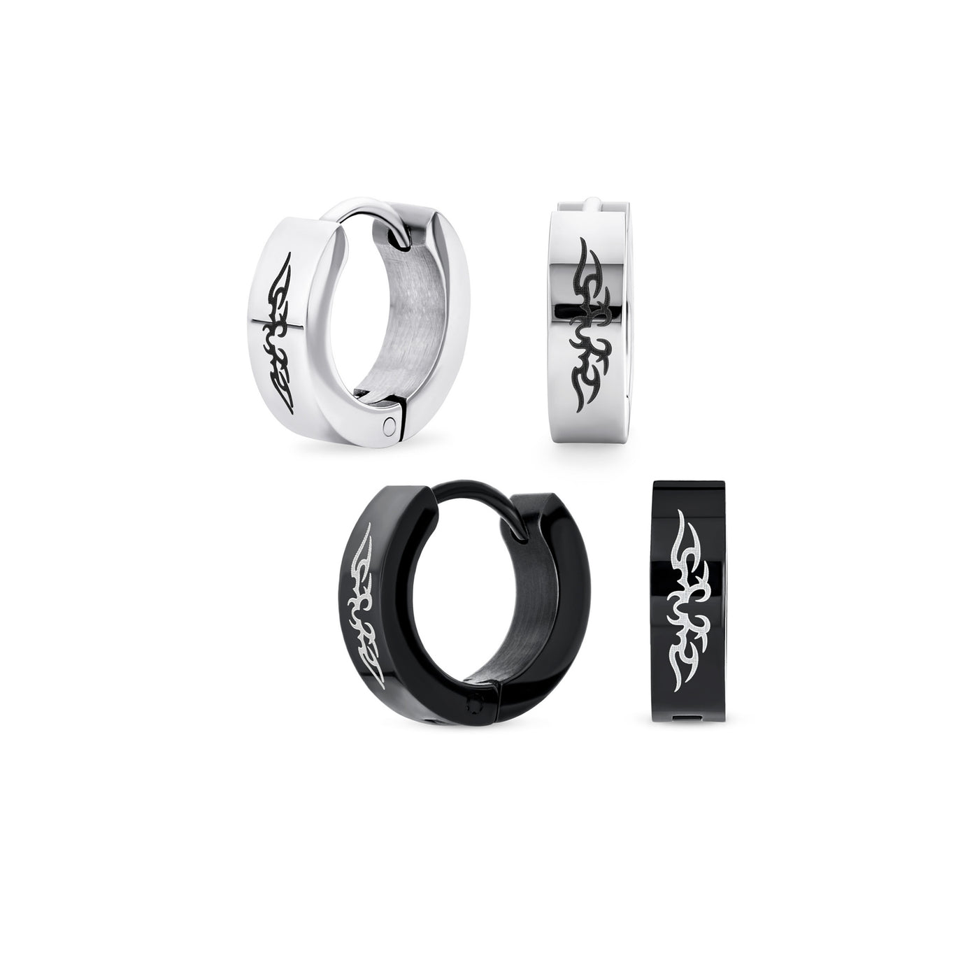 Set of 2 Angel Wings Huggie Hoop Kpop Earrings Black Silver Tone Stainless Steel