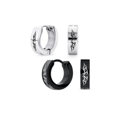 Set of 2 Angel Wings Huggie Hoop Kpop Earrings Black Silver Tone Stainless Steel