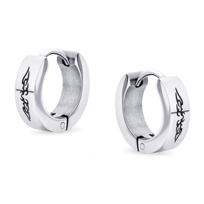Set of 2 Angel Wings Huggie Hoop Kpop Earrings Black Silver Tone Stainless Steel