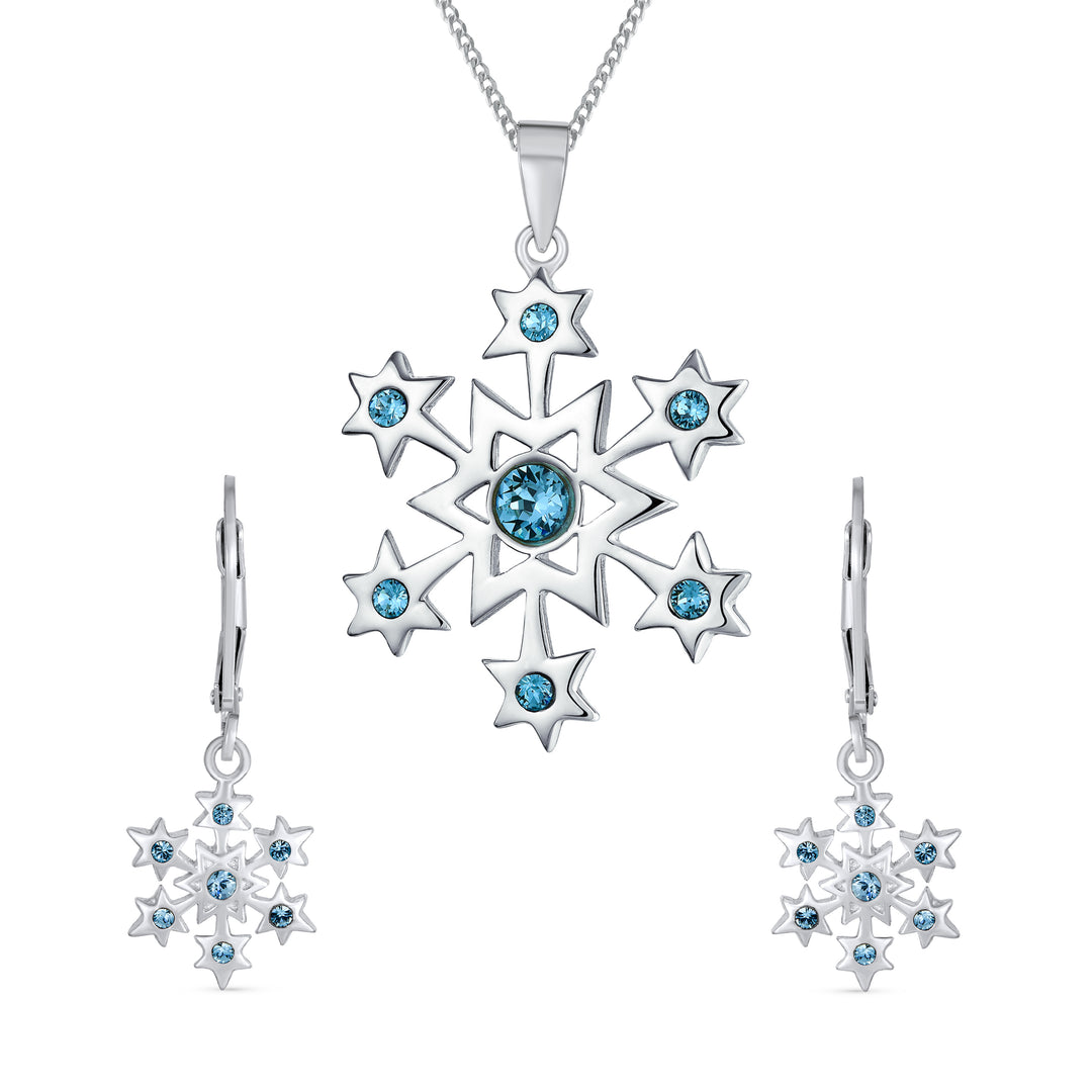 Blue Holiday Party Jewelry Set CZ Snowflake Earrings NecklaceBrooch Bling Jewelry