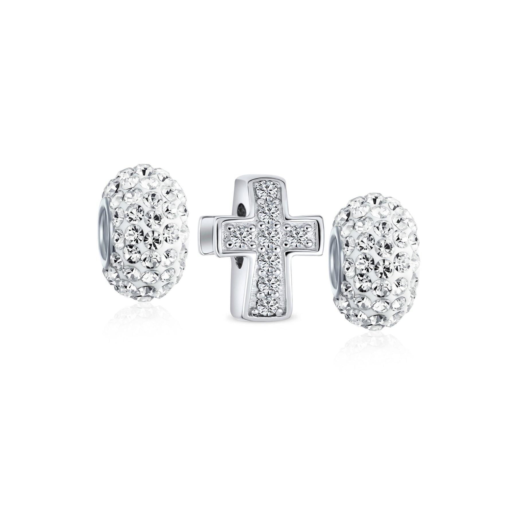 Sterling Silver Spiritual Religious Pave CZ Cross & White Charm Bead Communion, Weddings (3-Pc Set)