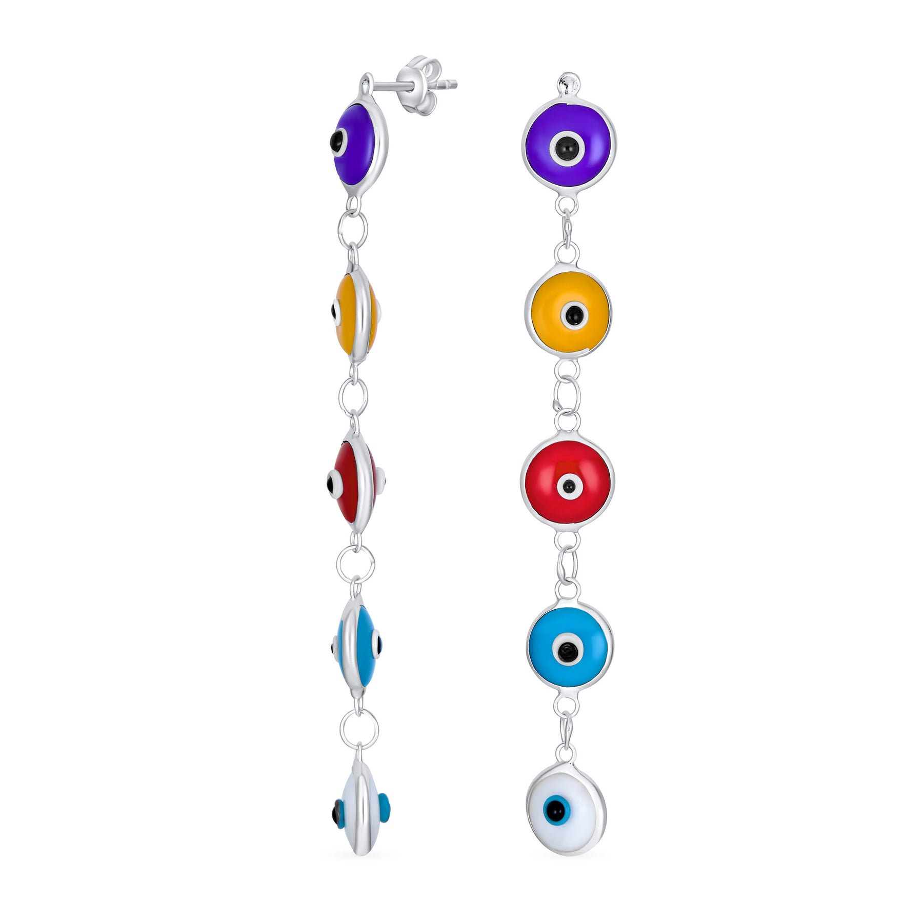 Turkish Spiritual Protection Multi Color Evil Eye Long Dangling Earrings .925 Sterling Silver 2.5"
