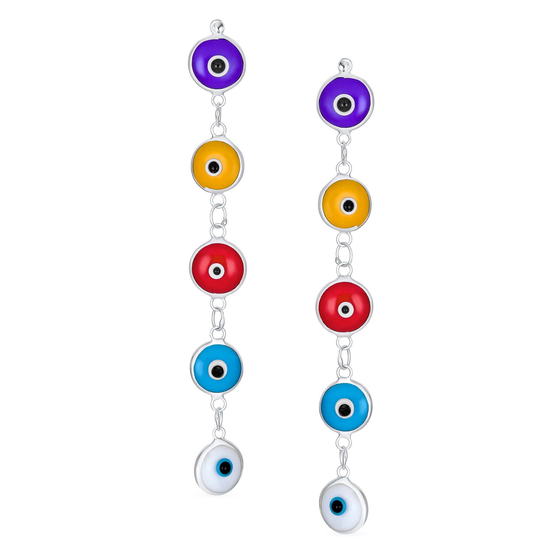 Turkish Spiritual Protection Multi Color Evil Eye Long Dangling Earrings .925 Sterling Silver 2.5"