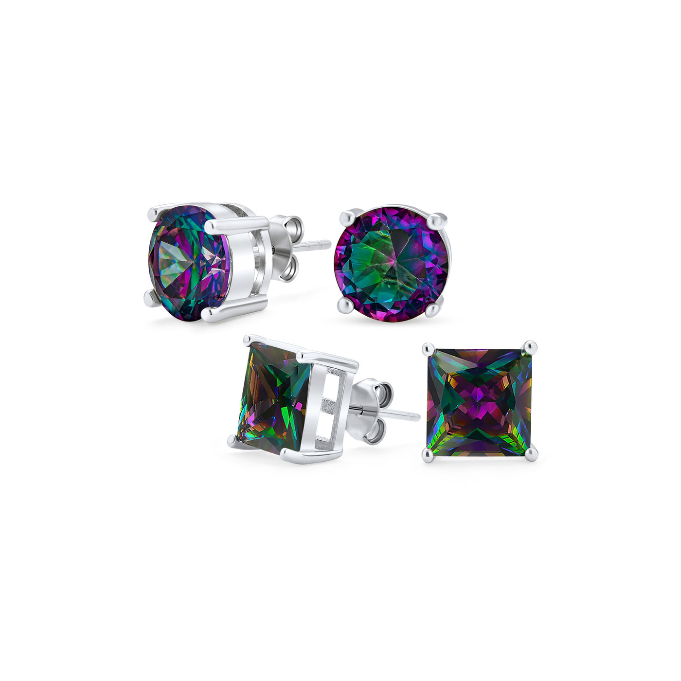 Set of 2 Round & Square Mystic Rainbow CZ Stud Earrings Sterling Silver
