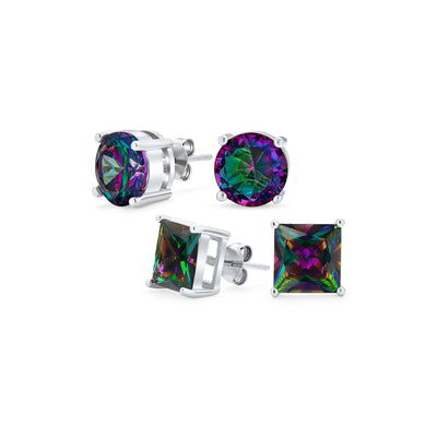 Set of 2 Round & Square Mystic Rainbow CZ Stud Earrings Sterling Silver