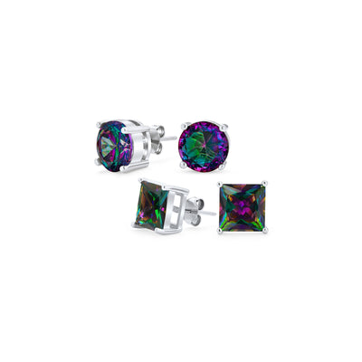 Set of 2 Round & Square Mystic Rainbow CZ Stud Earrings Sterling Silver