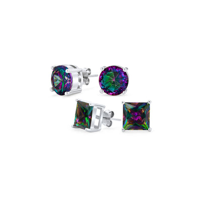 Set of 2 Round & Square Mystic Rainbow CZ Stud Earrings Sterling Silver