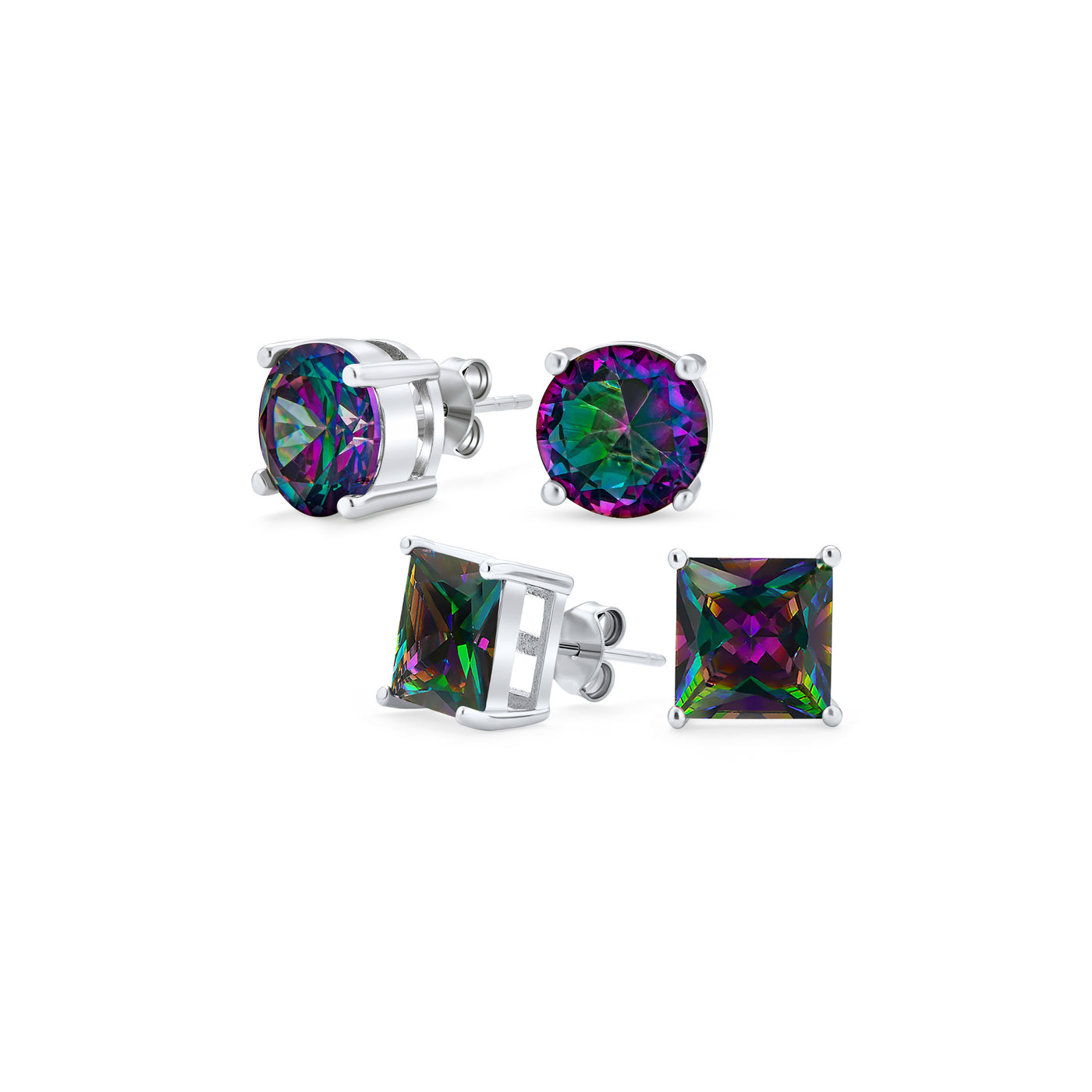 Set of 2 Round & Square Mystic Rainbow CZ Stud Earrings Sterling Silver
