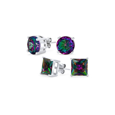 Set of 2 Round & Square Mystic Rainbow CZ Stud Earrings Sterling Silver