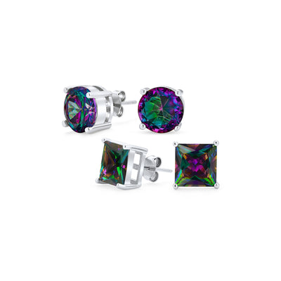 Set of 2 Round & Square Mystic Rainbow CZ Stud Earrings Sterling Silver