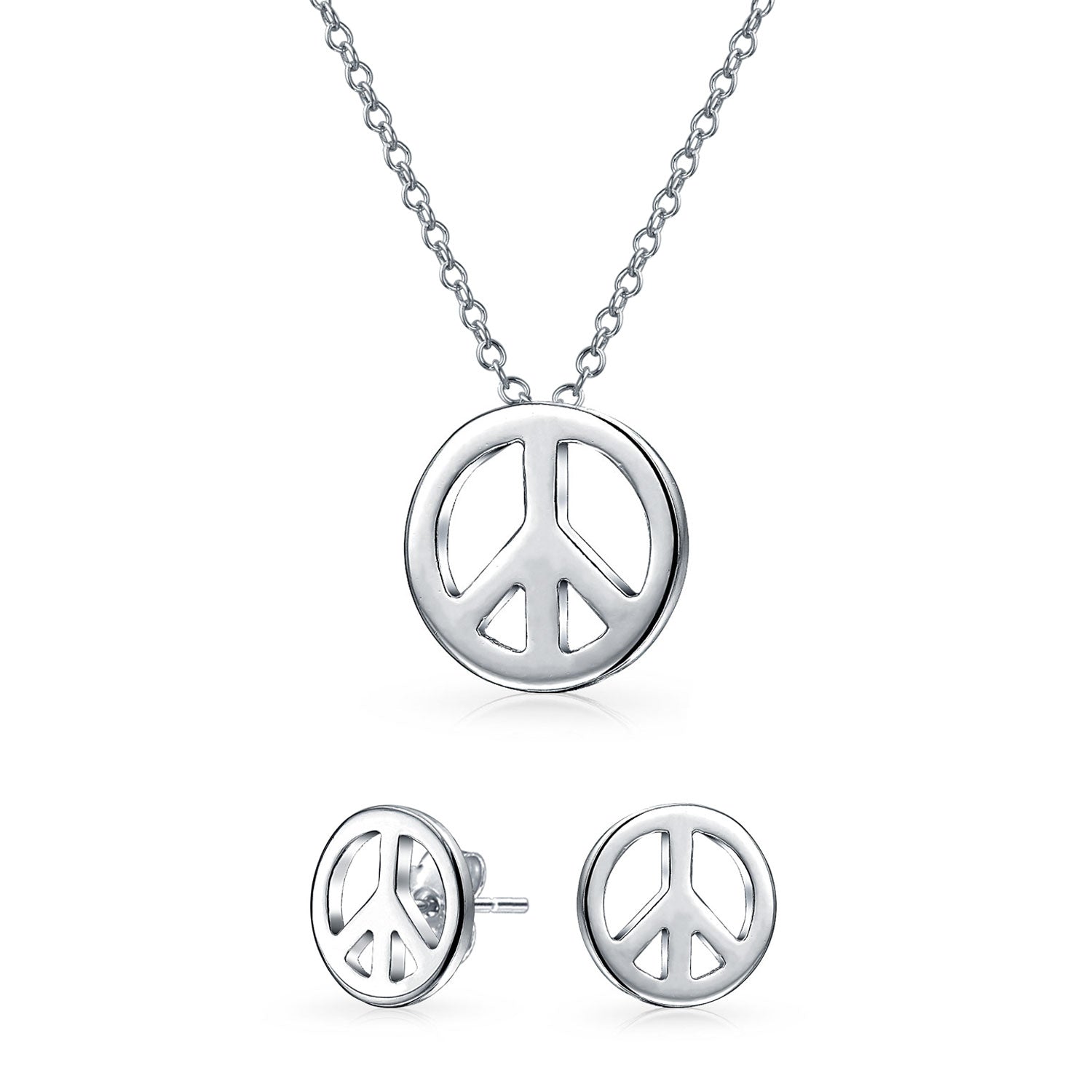 Tiny Peace Sign Pendant Stud Earrings Jewelry Set Gold Plated Sterling Silver