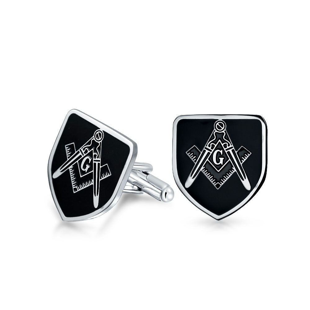 Freemasons Compass Shield Masonic Cuff Links For Men Blue Black Two Tone Silver Gold Stainless Steel