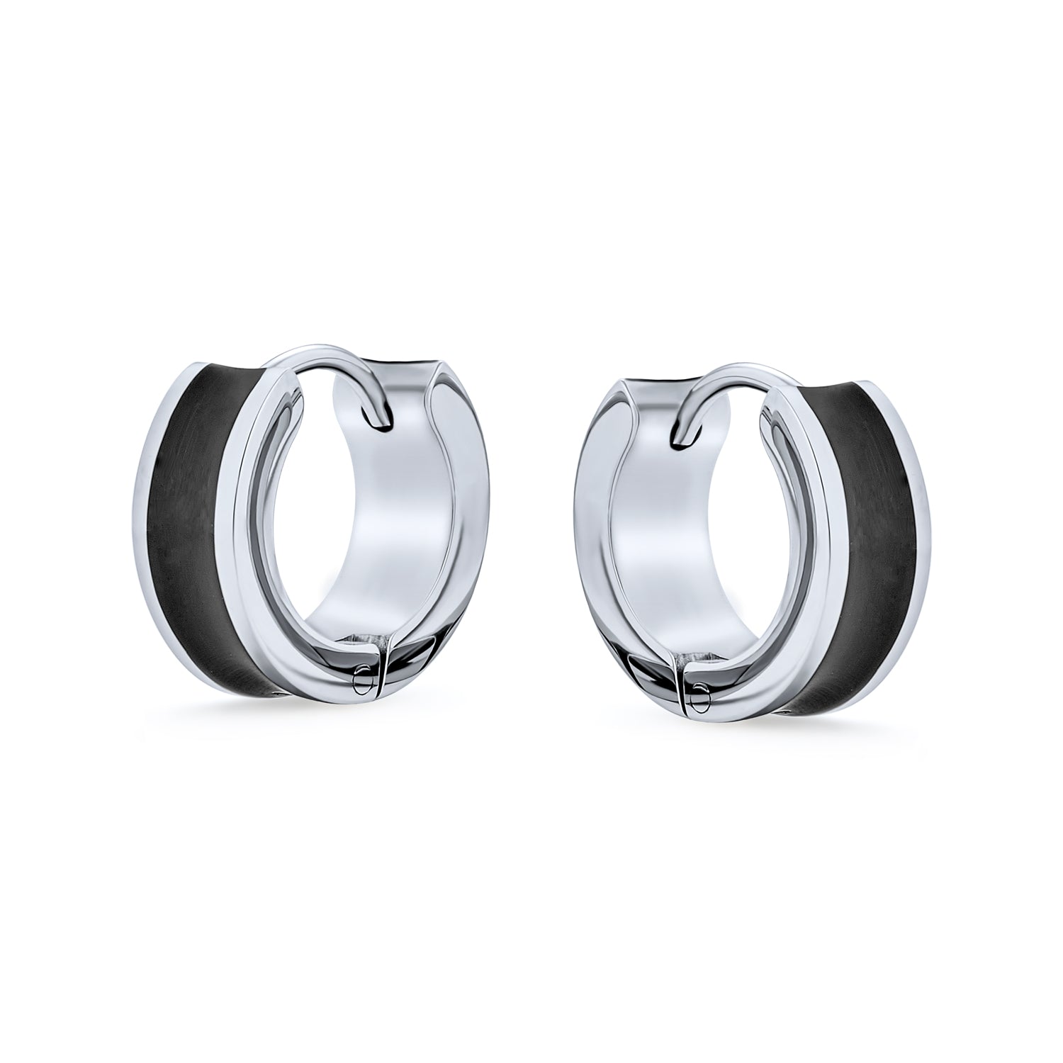 Set of 2 Two Tone Striped Black Enamel Huggie Hoop Earrings Stainless Steel