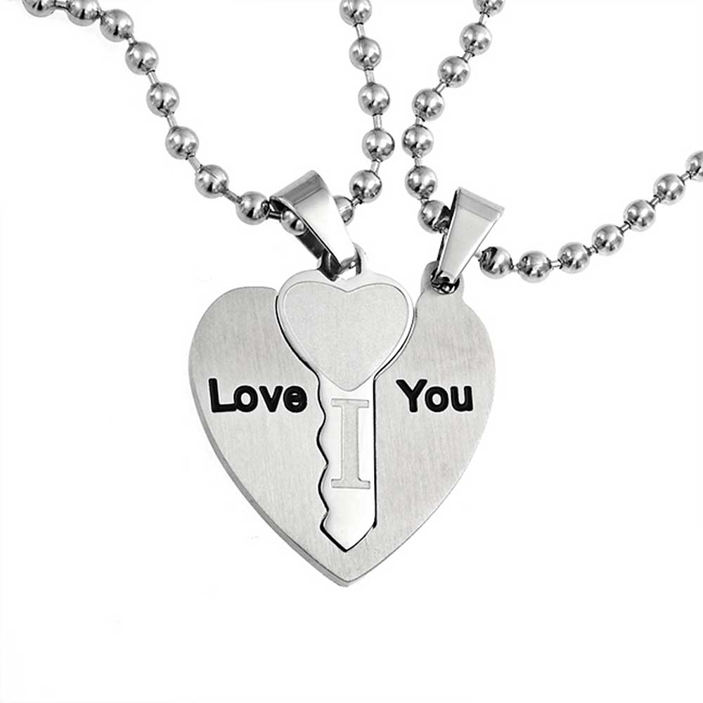 I Love You Words Puzzle Heart Key Pendant Couples Necklace Stainless Steel
