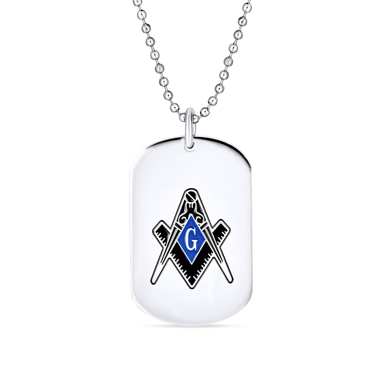 Set of 2 Black Blue Freemason Compass Masonic Dog Tag Necklace Stainless Steel