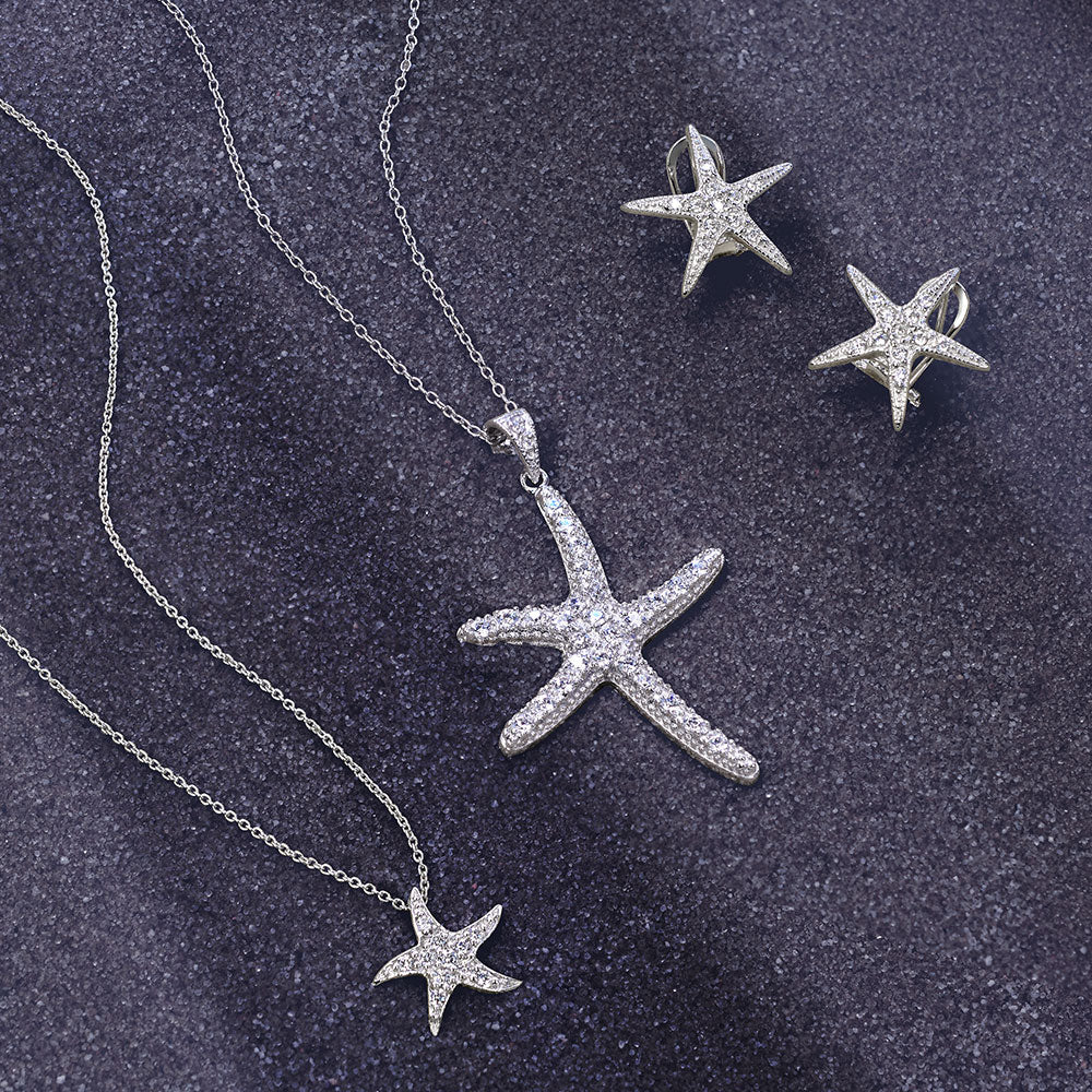 Nautical Beach Small Starfish Pave CZ Pendant Necklace Sterling Silver 0.55 Inch