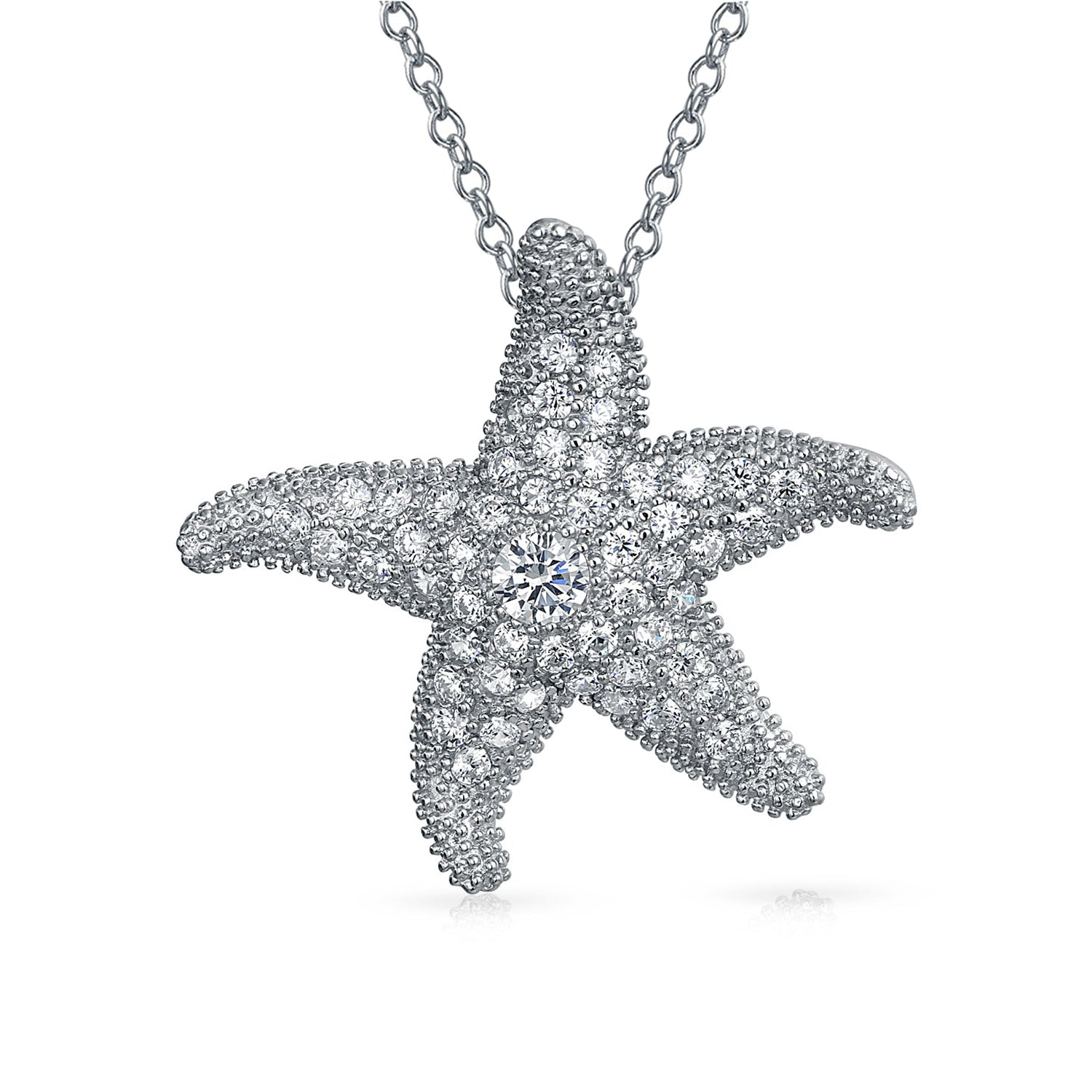 Nautical Beach Large Starfish Pave CZ Pendant Necklace Sterling Silver 1.25 Inch