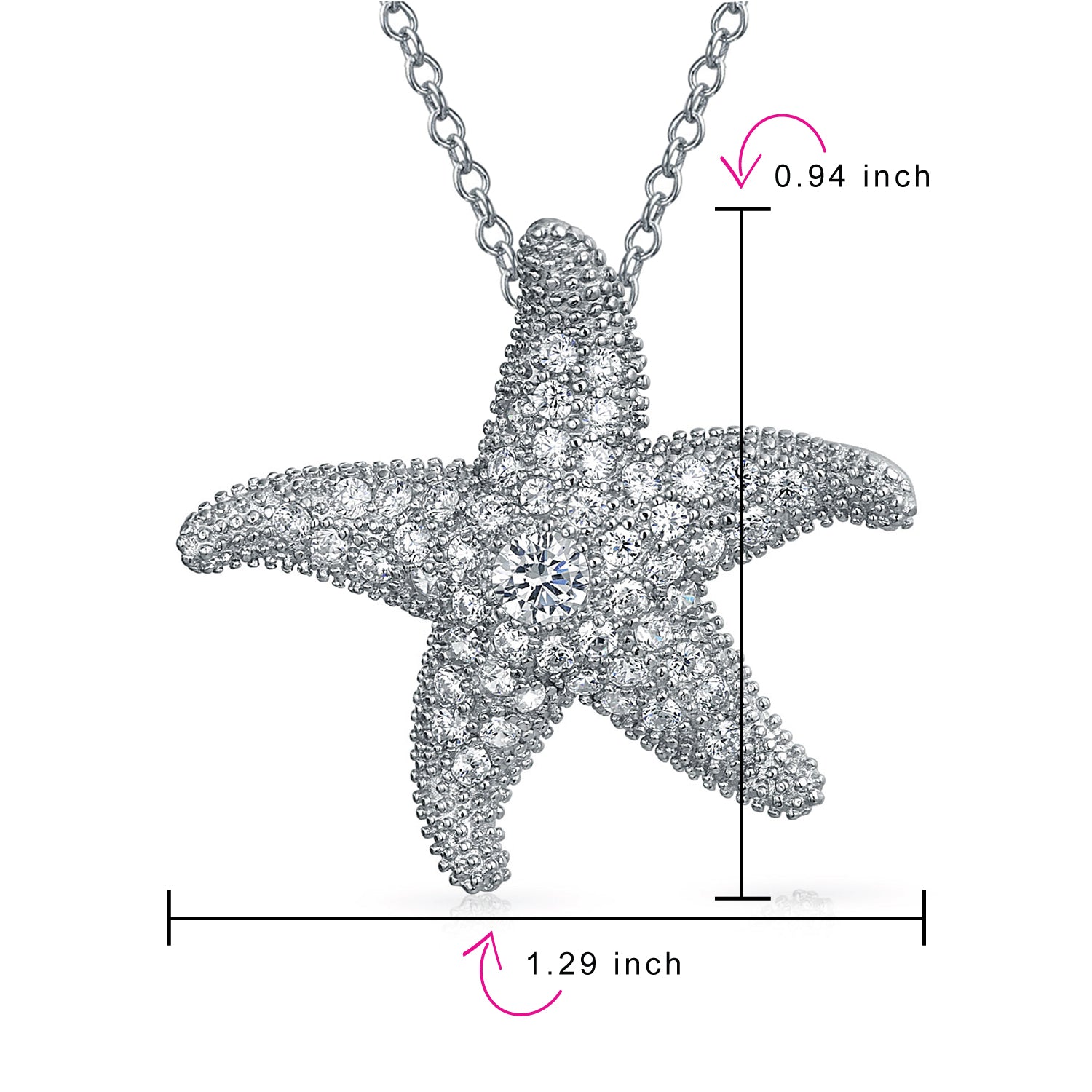 Nautical Beach Large Starfish Pave CZ Pendant Necklace Sterling Silver 1.25 Inch