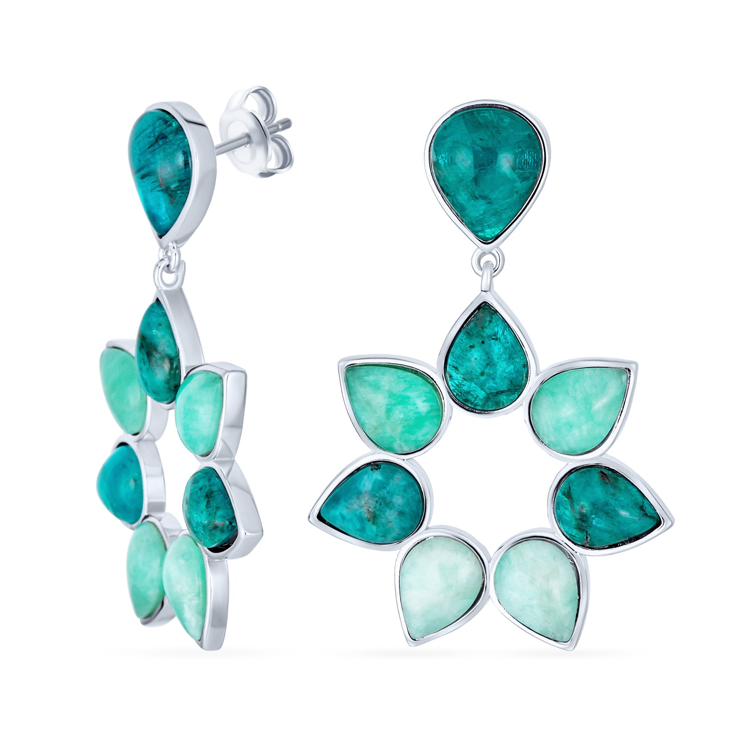 Modern Teal Apatite Green Brazil Amazonite Medallion Floral Petals Flower Statement Drop Earrings