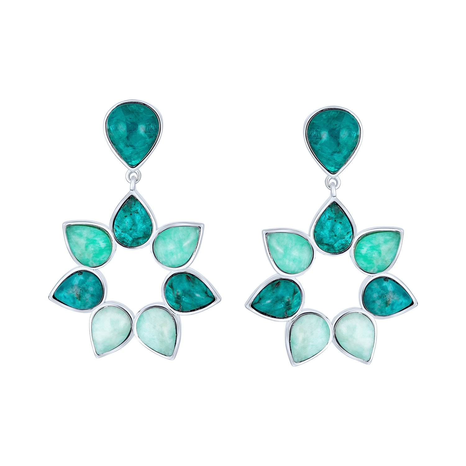 Modern Teal Apatite Green Brazil Amazonite Medallion Floral Petals Flower Statement Drop Earrings