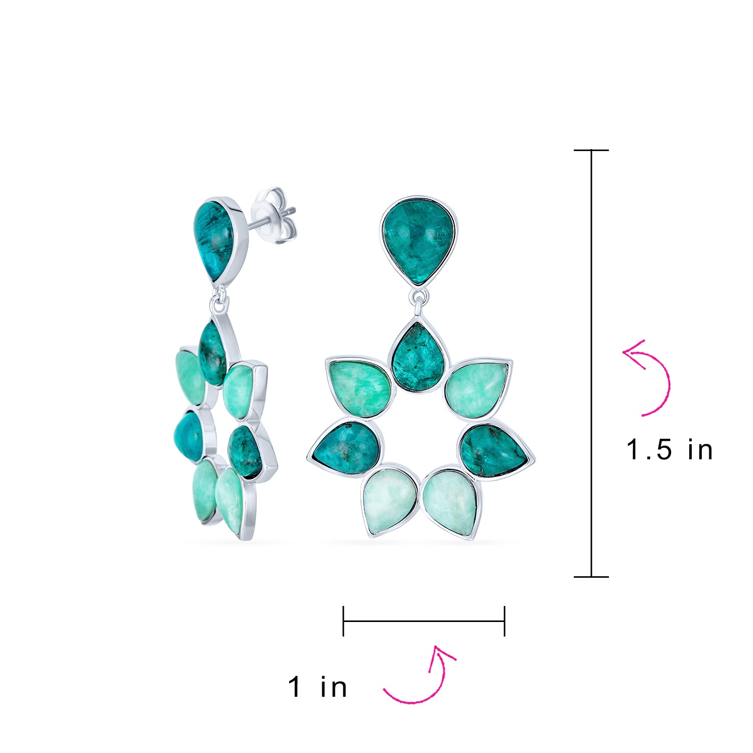 Modern Teal Apatite Green Brazil Amazonite Medallion Floral Petals Flower Statement Drop Earrings