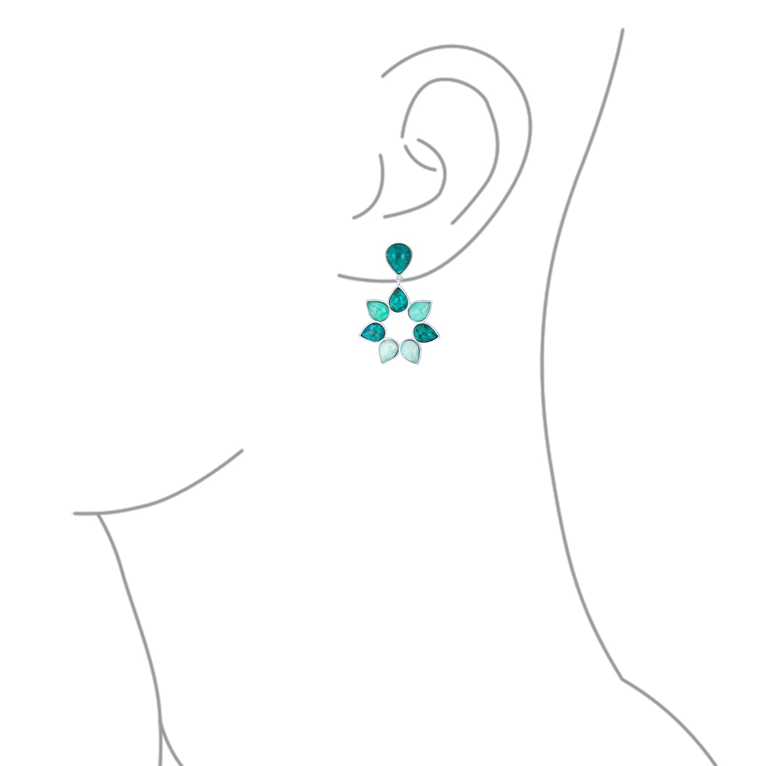 Modern Teal Apatite Green Brazil Amazonite Medallion Floral Petals Flower Statement Drop Earrings